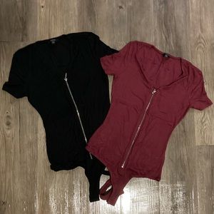 Set of 2 Guess Joany Zip Up Bodysuit Black and Red